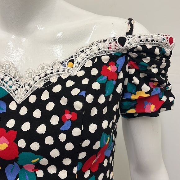 1980s Rockabilly Crinoline Off-the-Shoulder Polka Dot Flower Twirly Party‎ Dress - Picture 4 of 7